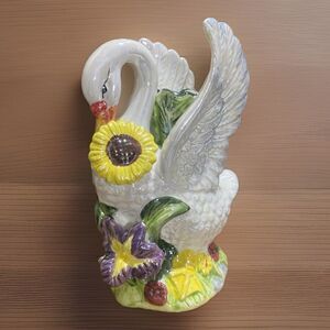 Vintage Swan Sun Flower Candle Holder Iridescent Glaze Porcelain Figurine